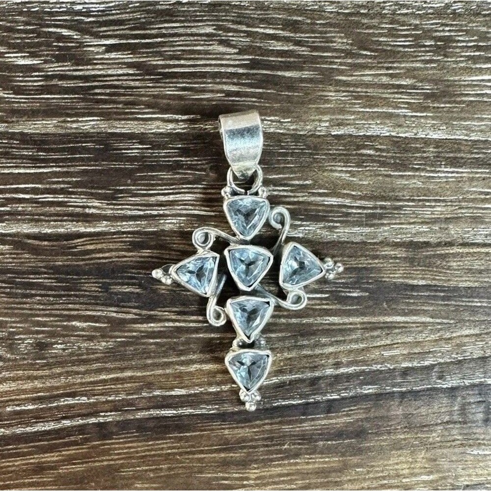 Handmade Sterling Silver Faceted Blue Topaz Swirl Cross Pendant
